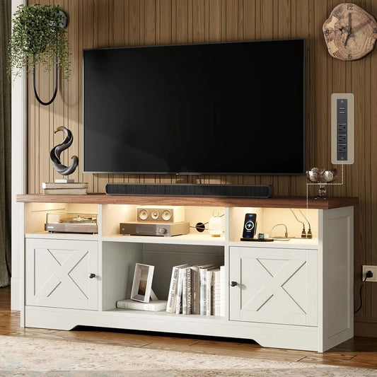 Farmhouse TV Stand with Power Outlet LED Light Storage Cabinets for Living Room Bedroom White, Customized