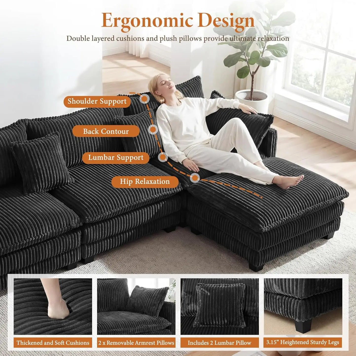 L Shape Modular Sectional Sofa Corduroy Cloud Living Room 3 Seat Ottoman Pillows Dark Grey, Custom