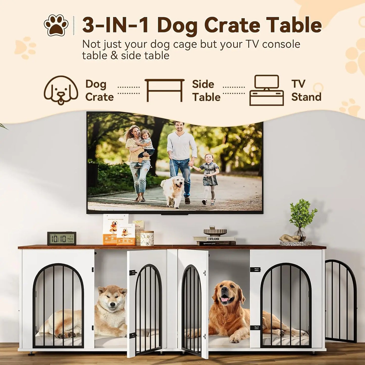 HiMISS Dog Crate Furniture Kennel And TV Console For Two Dogs