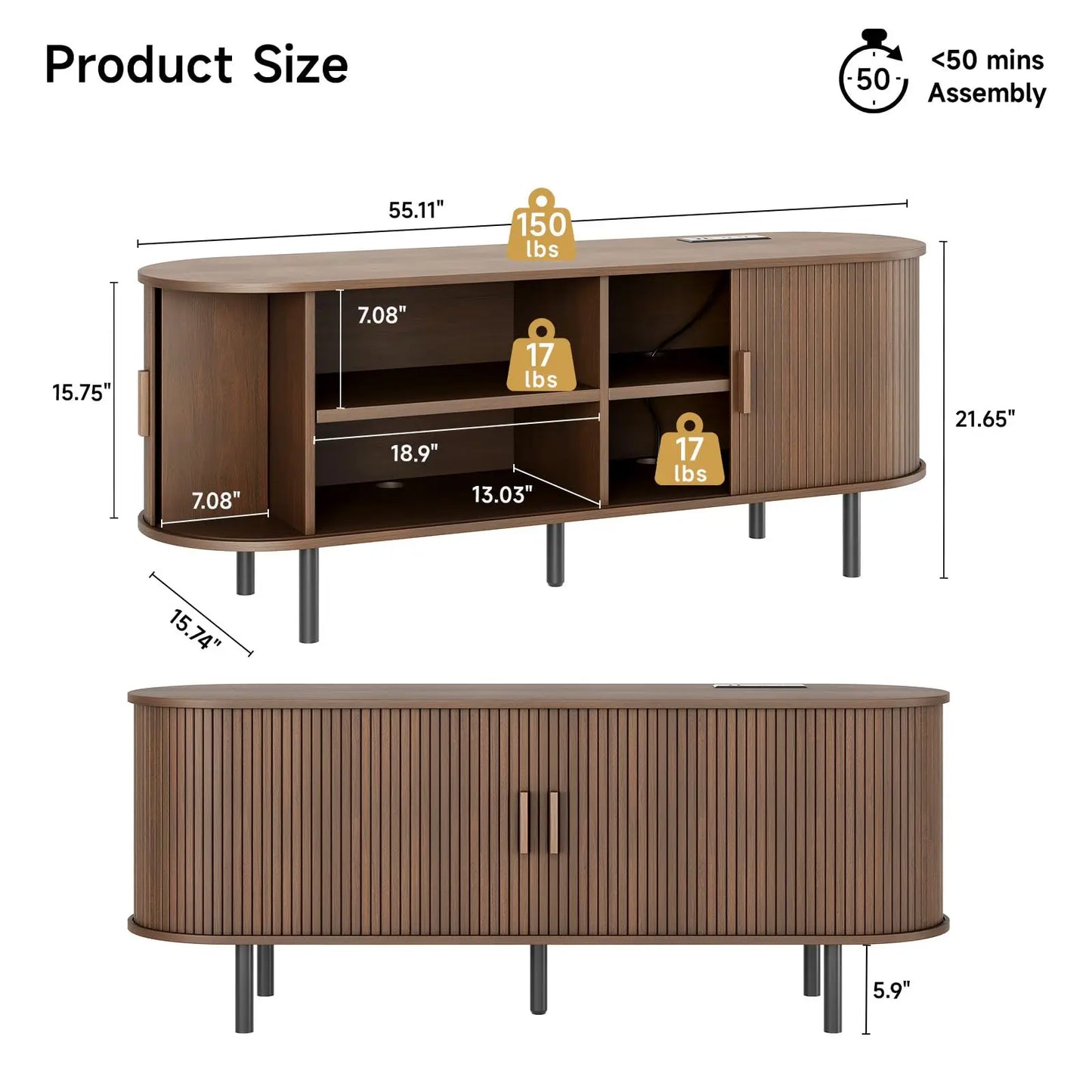 ONBRILL TV Stand With Power Outlet And Sliding Doors Storage