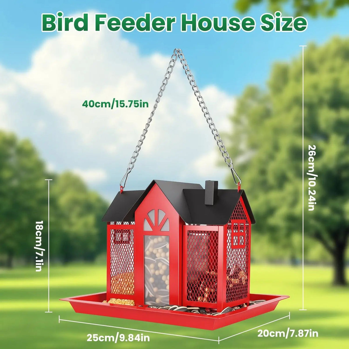 Metal Hanging Bird Feeder House Classic Barn Bird Feeder House Iron Hanging Outdoor Feeder with Visible Window and Lift Top Lid The Pet & Home Store
