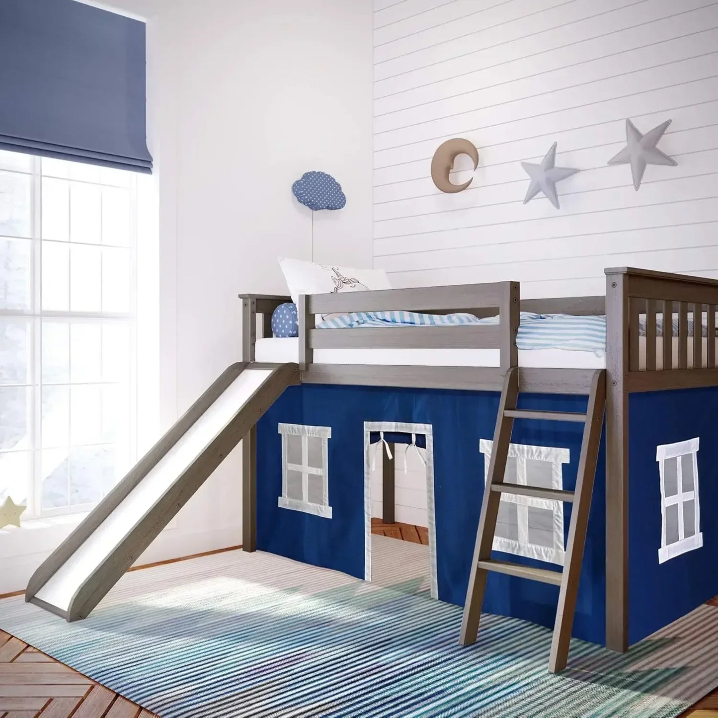 Loft Bed For Kids With Slide And Premium Bottom Curtains