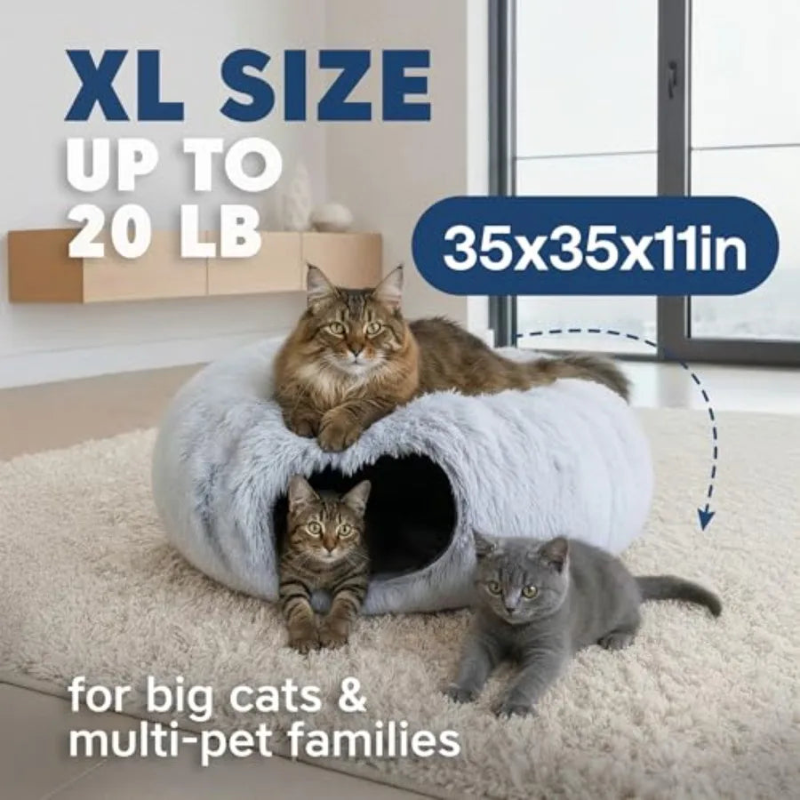 Plush Cat Donut Tunnel Bed 3-In-1 Foldable Indoor Playground