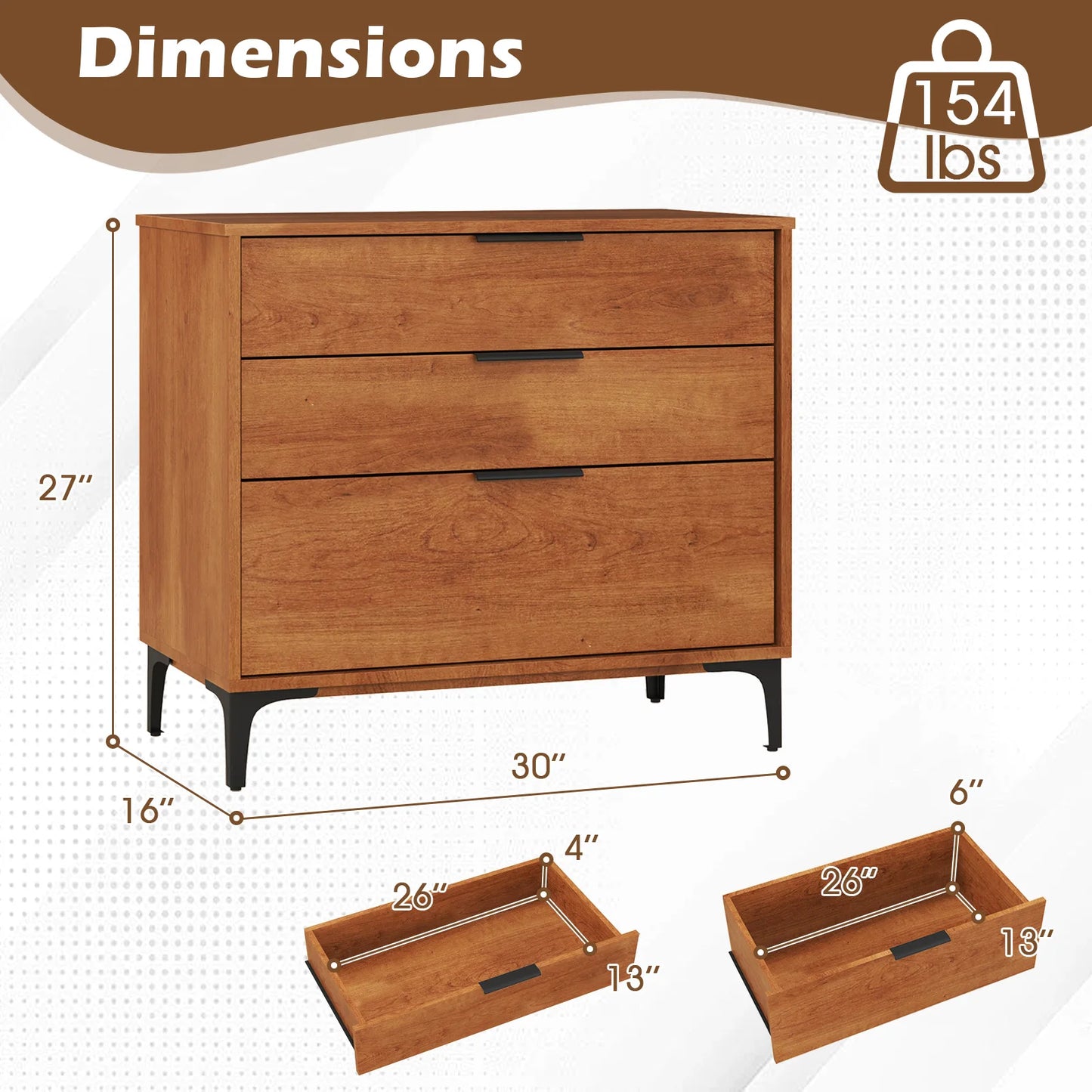HOMASIS 3-Drawer Dresser With Metal Legs And Anti-Tip Kit