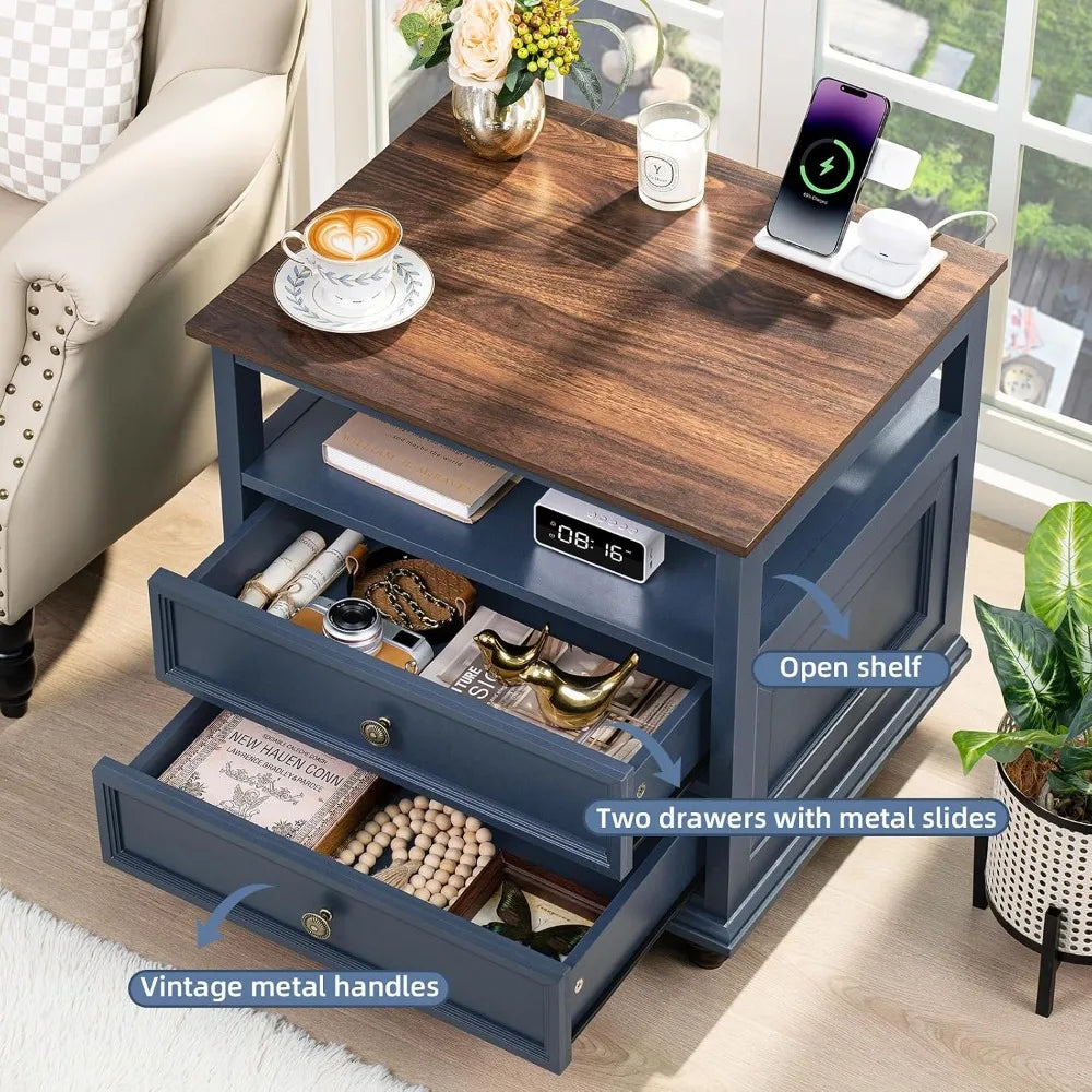 Farmhouse Wood Nightstand With Charging Station And Two Drawers
