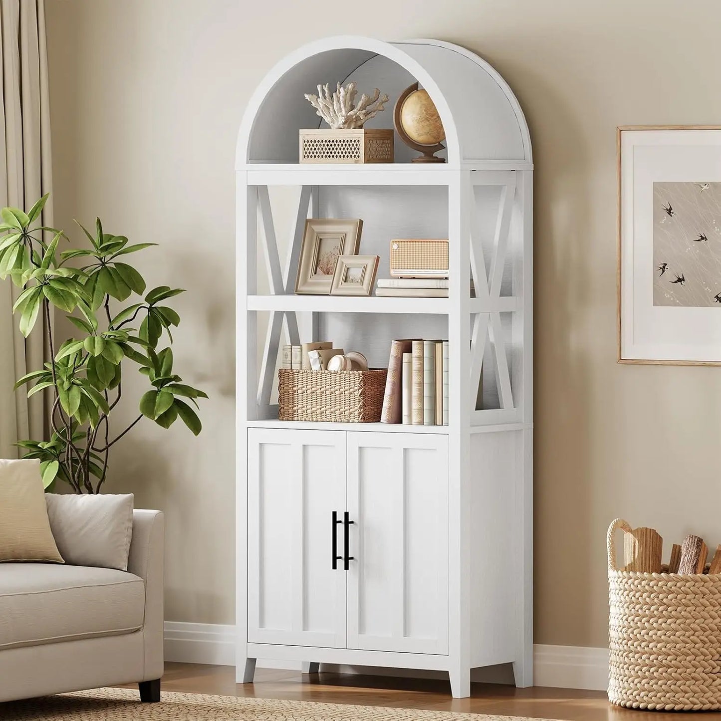 71" Arched Wooden Media Storage Cabinet 5-Tier Open Shelf Bookcase for Living Room, Home Office, Customized The Pet & Home Store