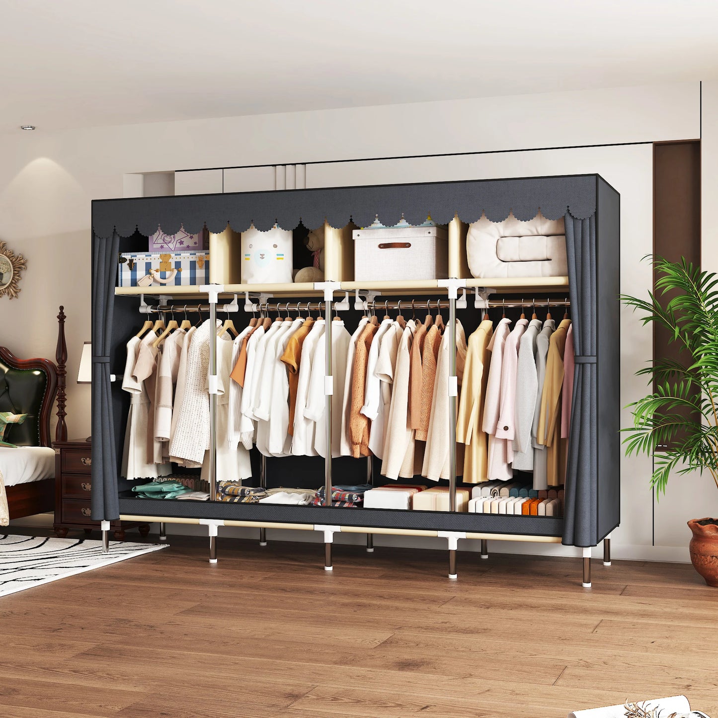 ArluKin Heavy Duty Fabric Wardrobe With 4 Hanging Rods
