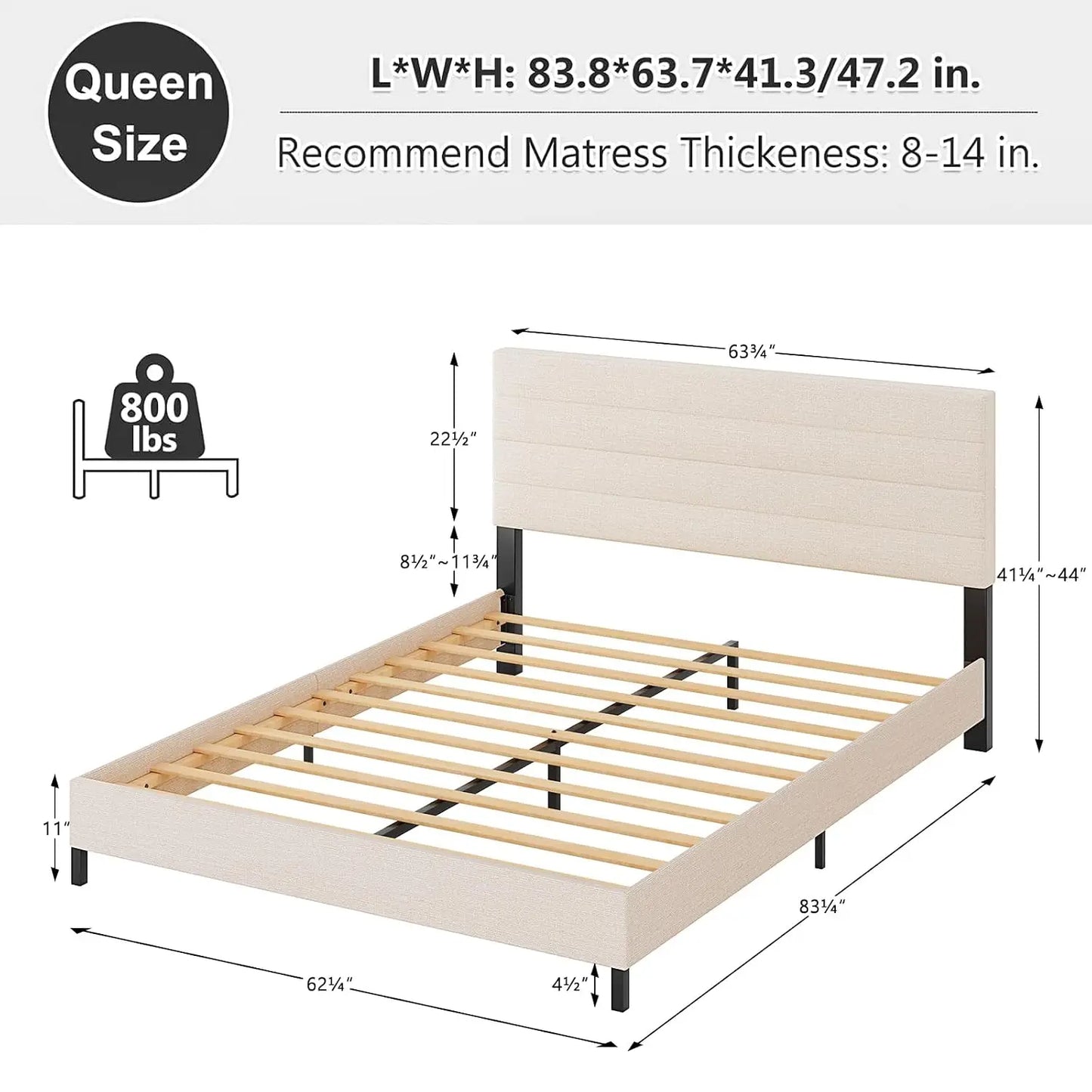 Queen Bed Frame, Modern Upholstered Bed Frame with Adjustable Linen Headboard, Wooden Slats Support Platform Queen, Customized