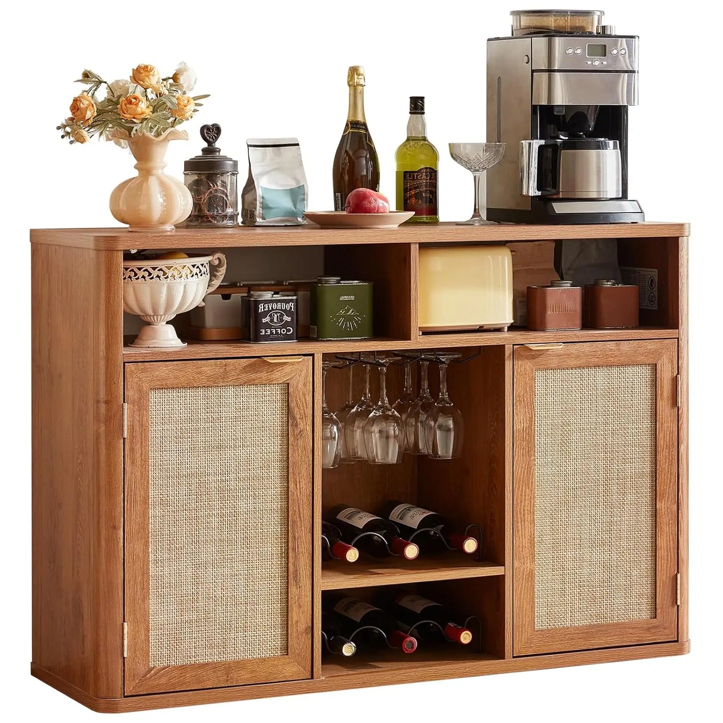 Rattan Wine Cabinet With 2 Doors,Boho Liquor Cabinet,Wine Racks,Farmhouse Coffee Bar Station For Living Room,Custom