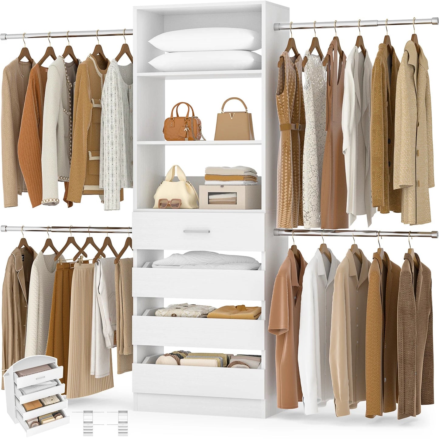 4-9Ft Closet System with 4 Wooden Drawers, Walk-in Closet Organizer Wardrobe Clothes Rack with 4 Hanging Rods, Garment Rack The Pet & Home Store