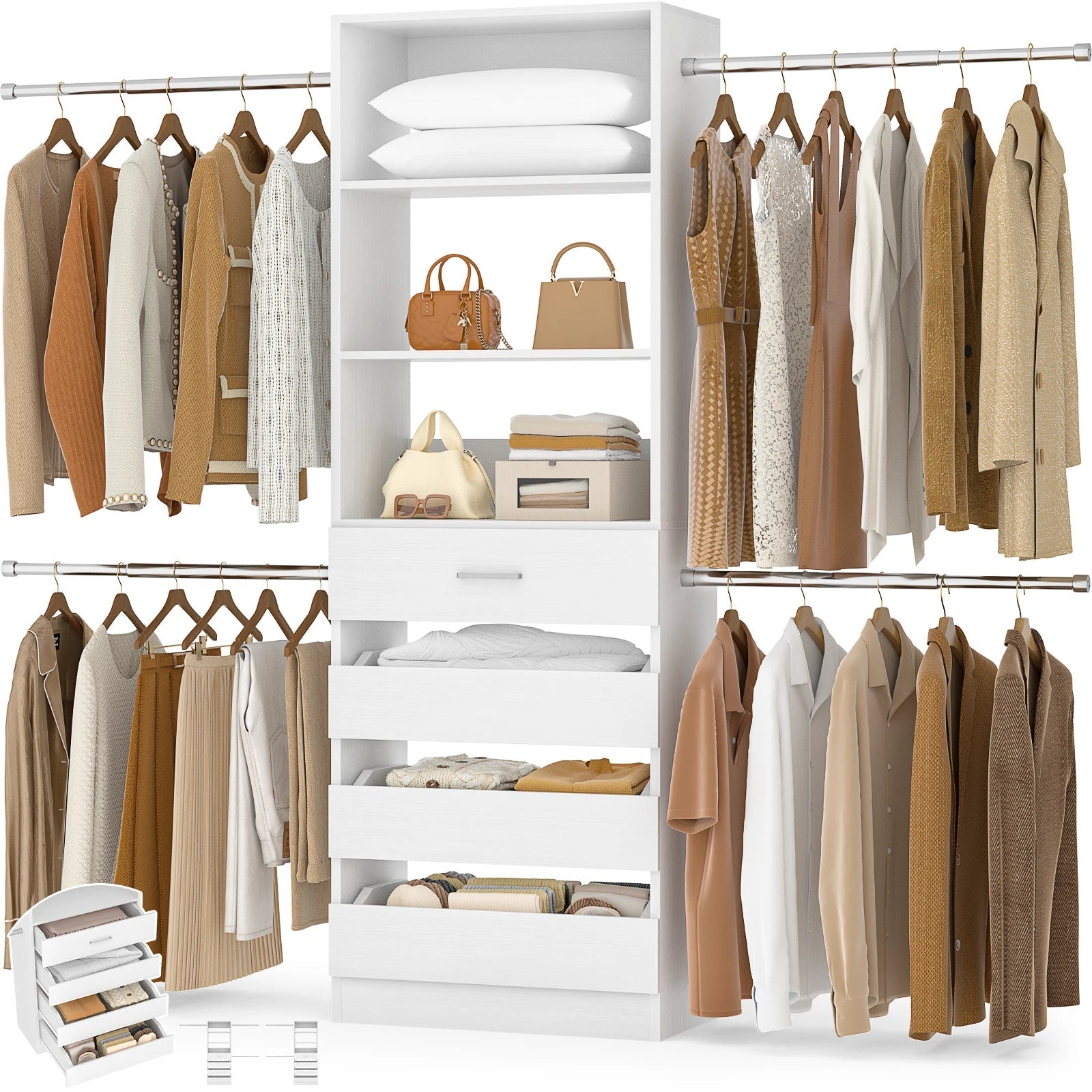 4-9Ft Closet System with 4 Wooden Drawers, Walk-in Closet Organizer Wardrobe Clothes Rack with 4 Hanging Rods, Garment Rack The Pet & Home Store