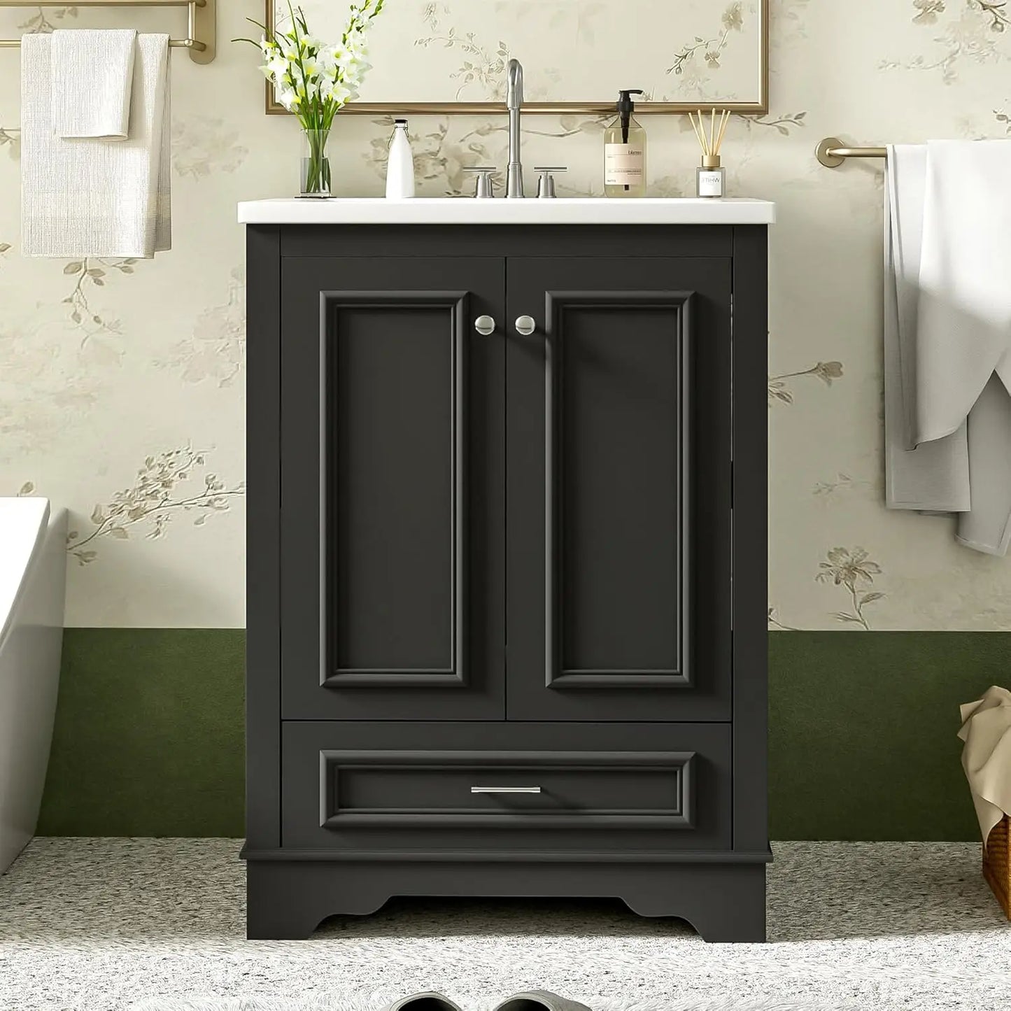 Wood Bathroom Vanity Cabinet With Ceramic Sink Adjustable Drawer Shelf