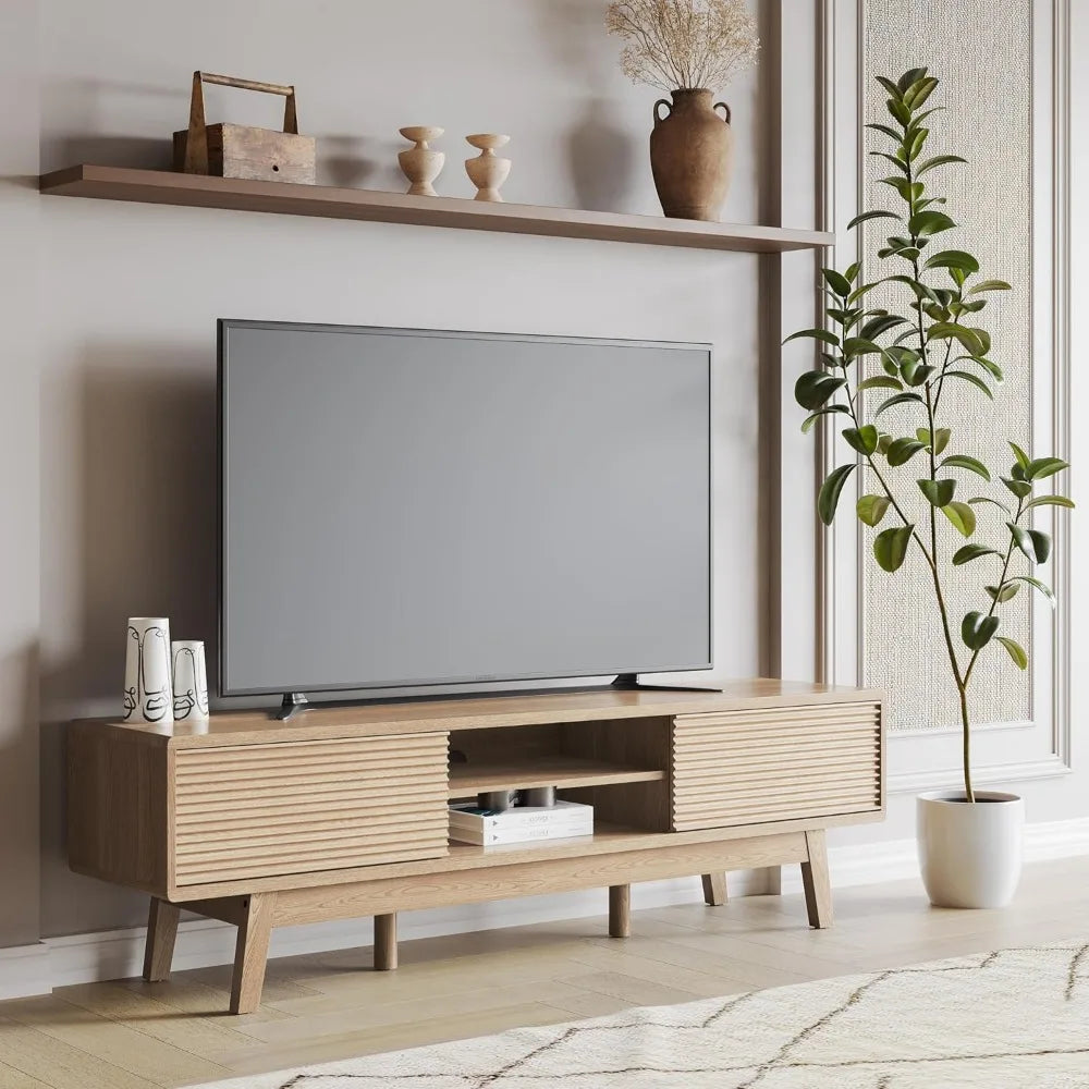 DAFIFY Mid Century Modern TV Console With Fluted Sliding Doors