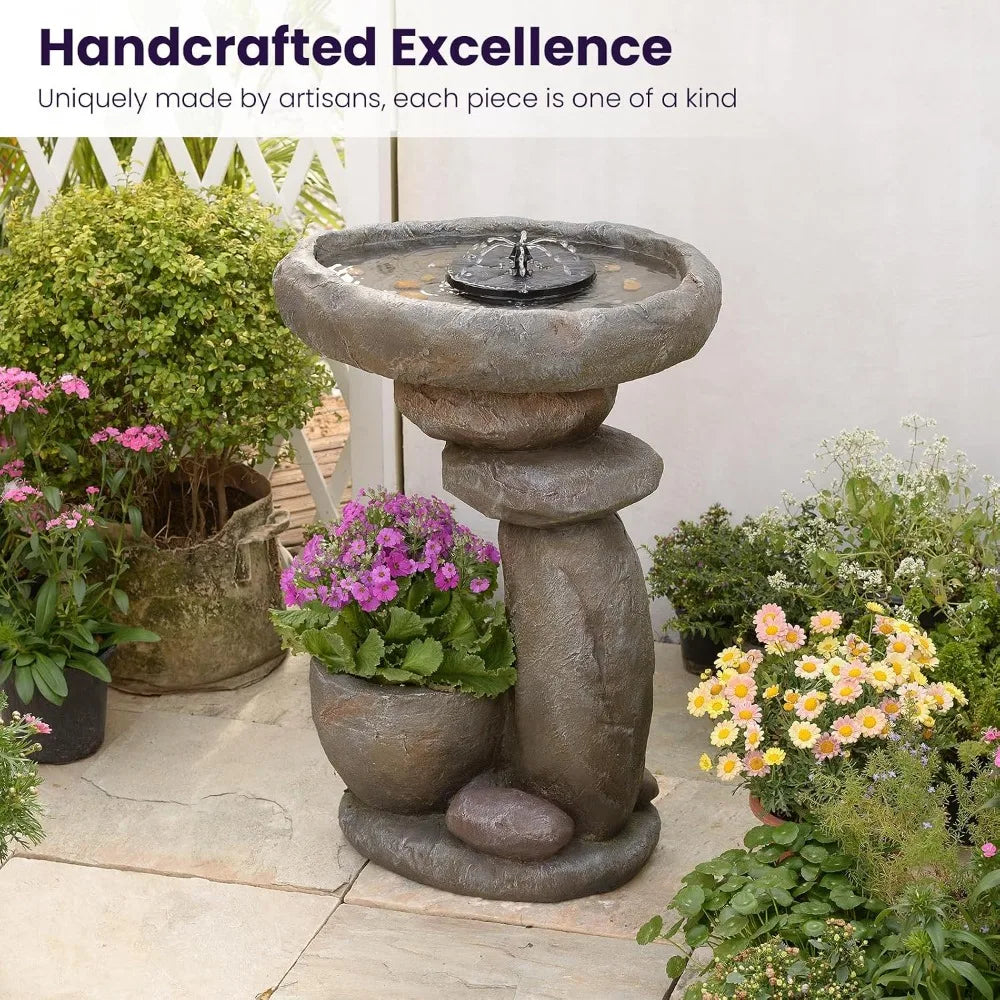 Solar Bird Bath Fountain With LED Waterfall And Planter Feature