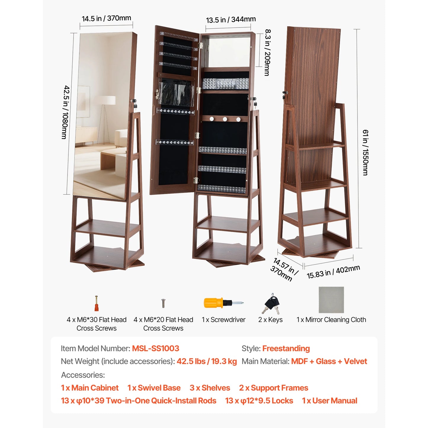 SucceBuy 360° Swivel Jewelry Cabinet With Lockable Mirror