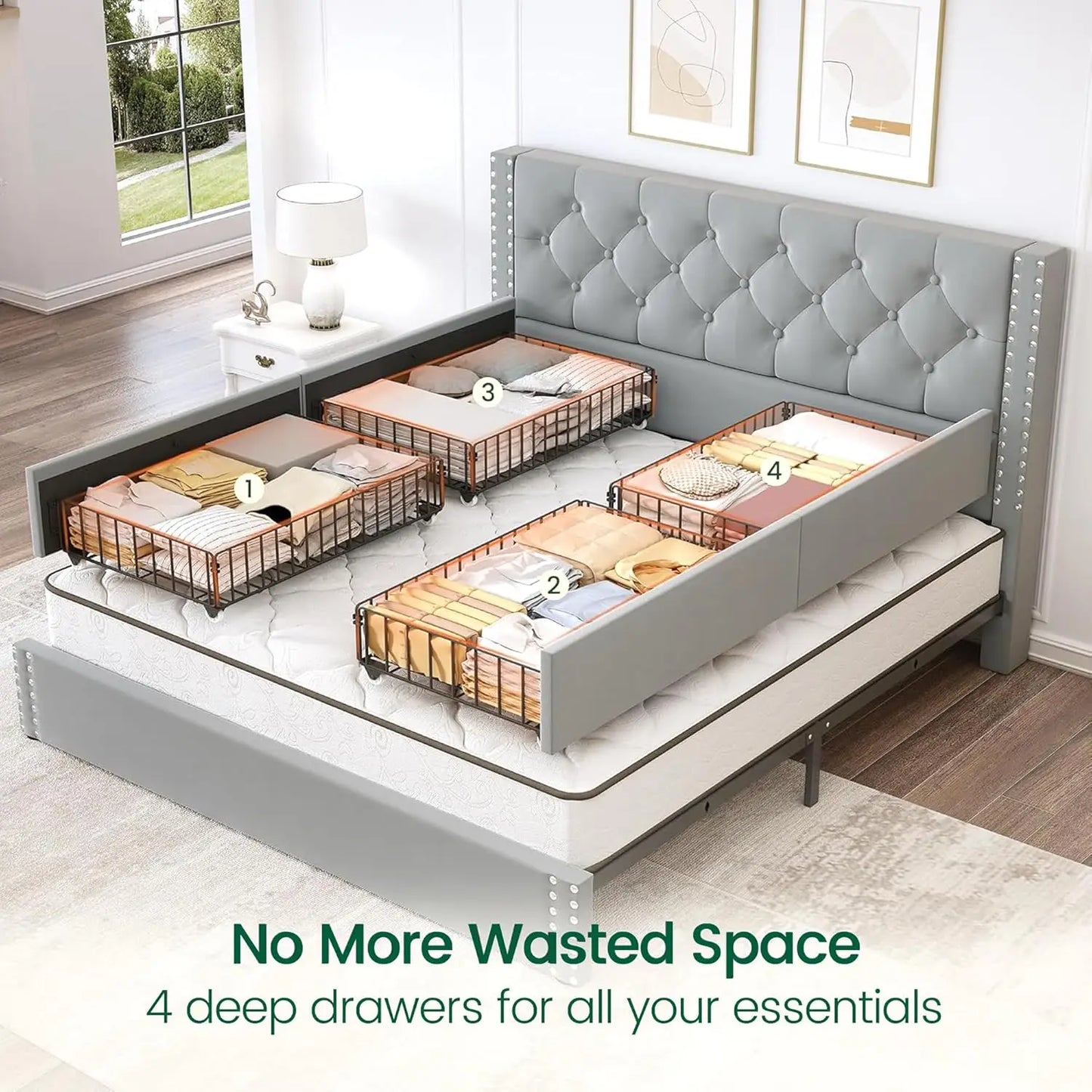 Queen Size Bed Frame Upholstered Platform Bed with 4 Storage Drawers and Tufted Headboard Bed Frame with Heavy Duty, Customized