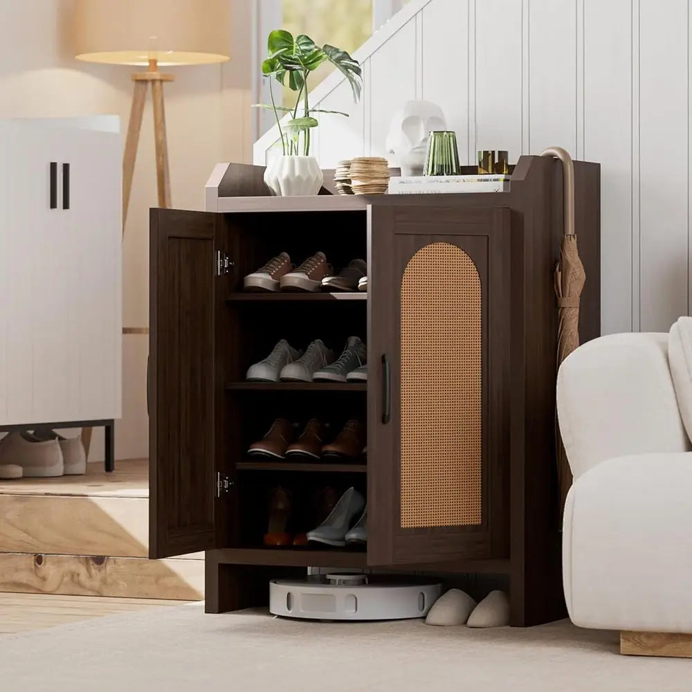 RBXC Shoe Cabinet Entryway Organizer Natural Rattan Wood