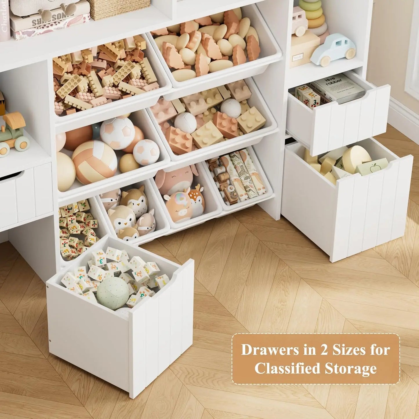 Wood Toy Storage Organizer With Drawers And Removable Bins