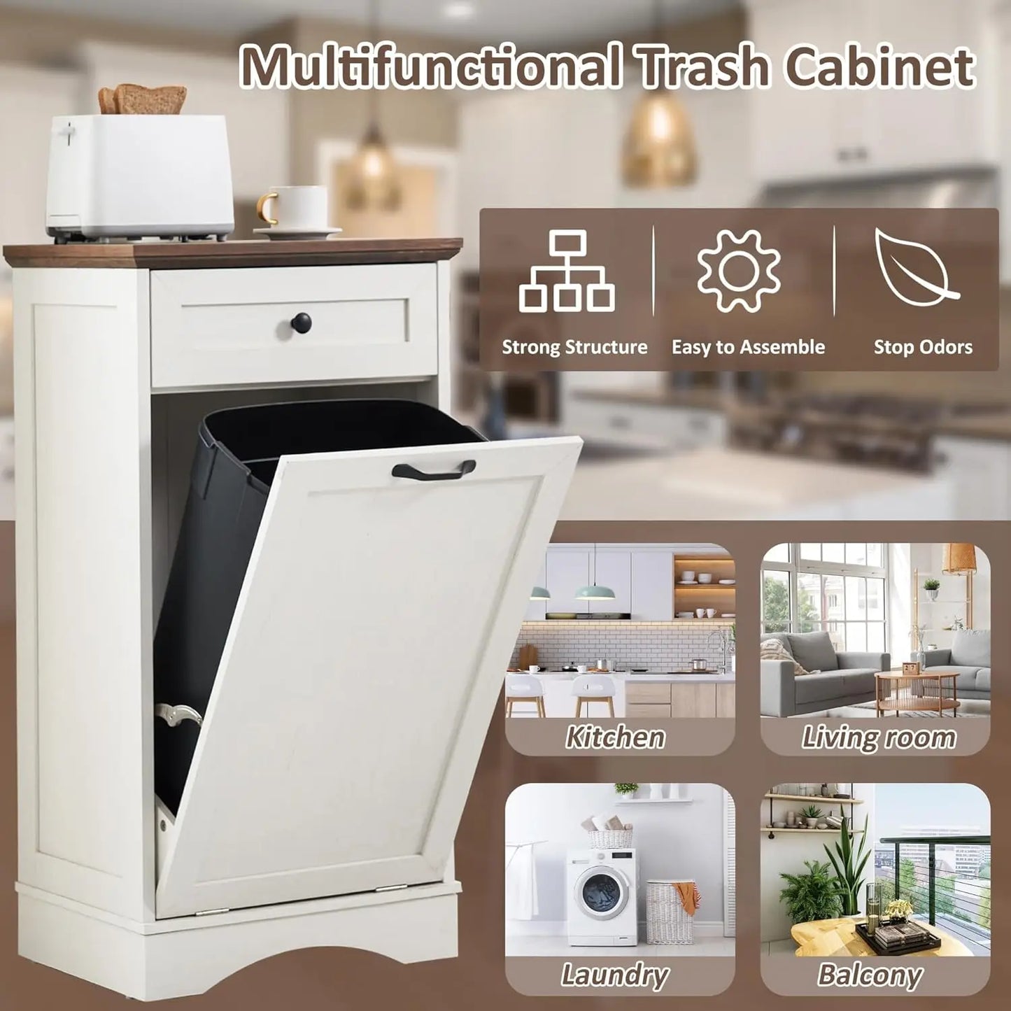 13 Gallons Tilt Out Trash Cabinet Freestanding Kitchen Trash Bin Cabinet Wood Garbage Recycling Cabinet with, Customized