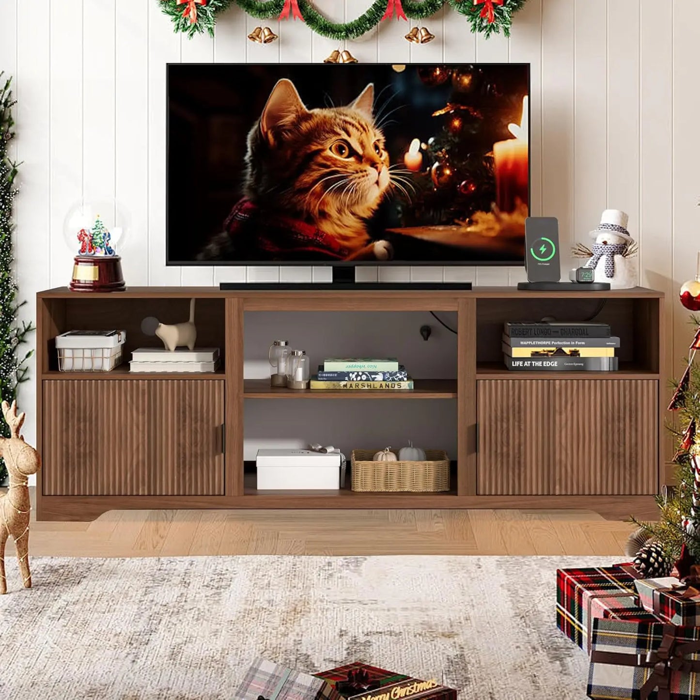 Fluted TV Stand With Electric Fireplace And Adjustable Shelf