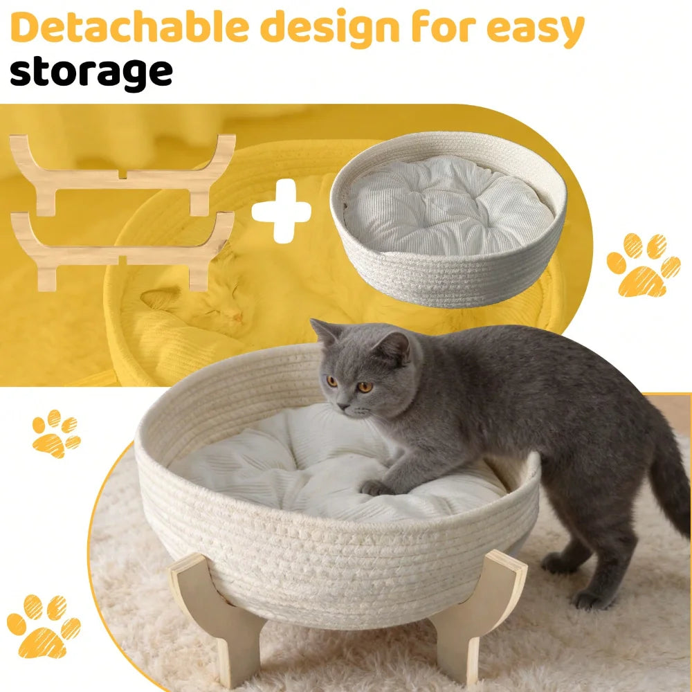 XMSJ Raised Wooden Cat Bed Sofa With Fluffy Cushion