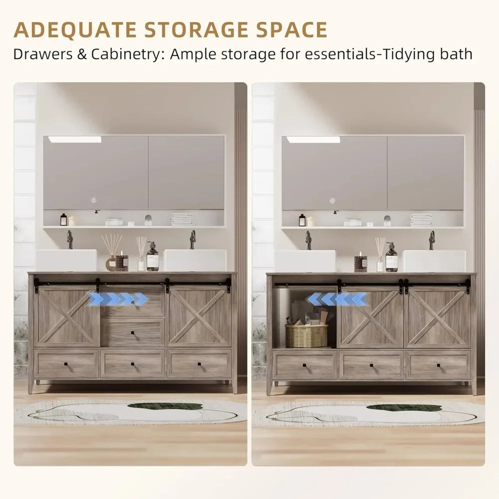 Bathroom Vanity with Sink, 60 Inch Bathroom Vanity Double Sink Ceramic, Freestanding Cabinet, Grey Wood Grain