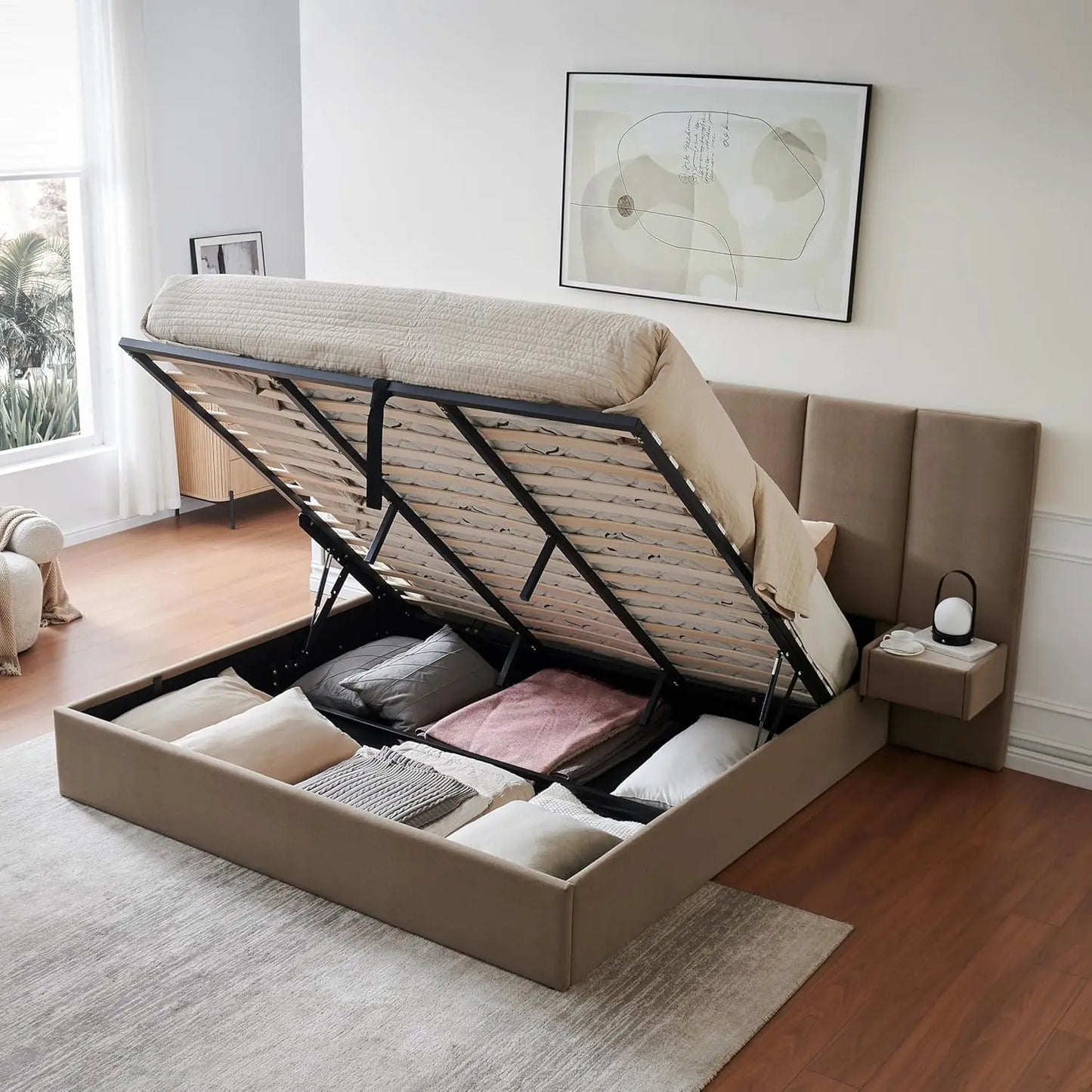 King Upholstered Platform Bed With Lift-Up Storage Velvet Headboard