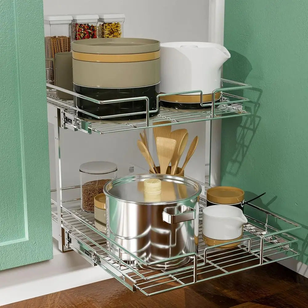 2 Tier Pull Out Cabinet Organizer 11 W x 18 D, Slide Out Kitchen Cabinet Storage Sliding Shelves