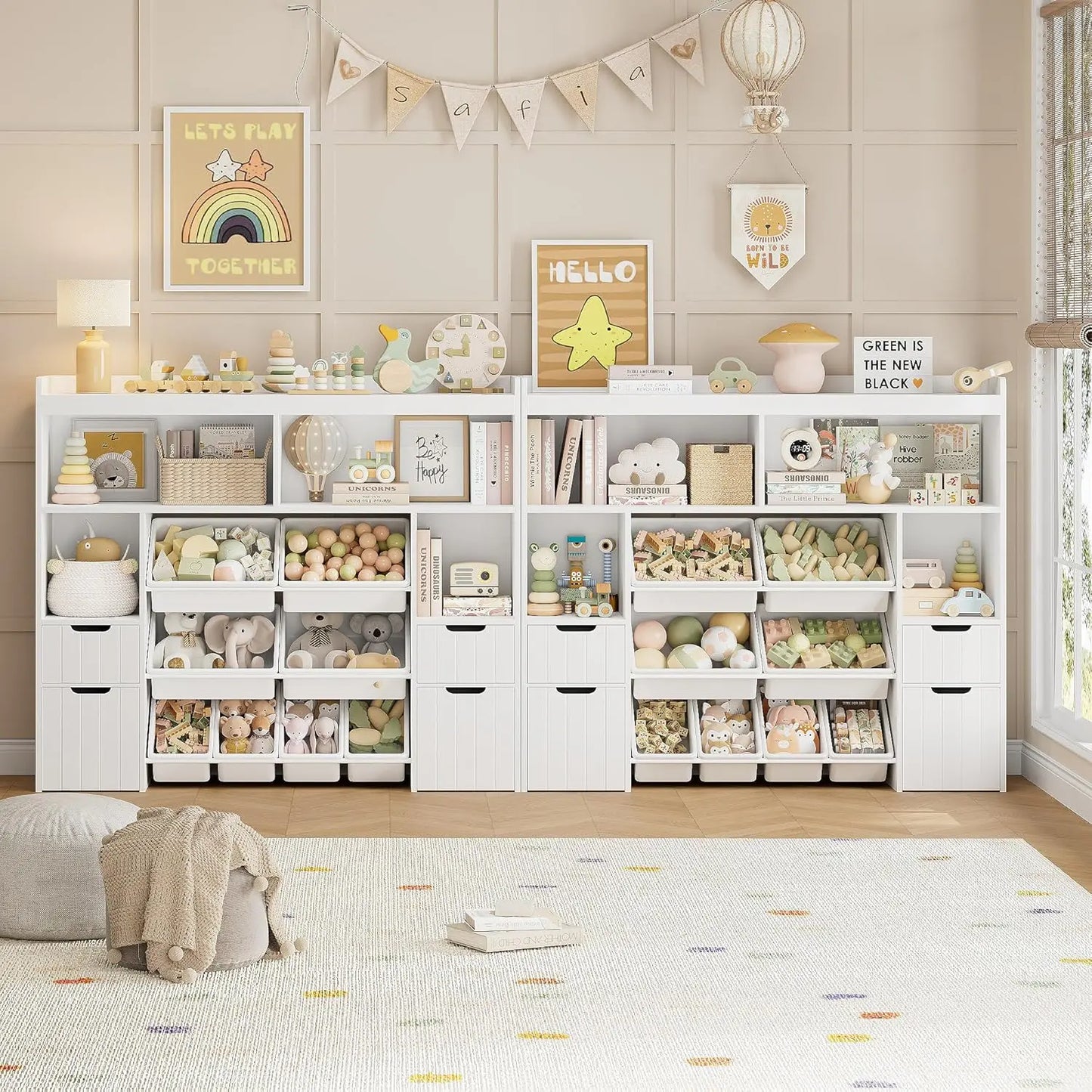 Wood Toy Storage Organizer With Drawers And Removable Bins