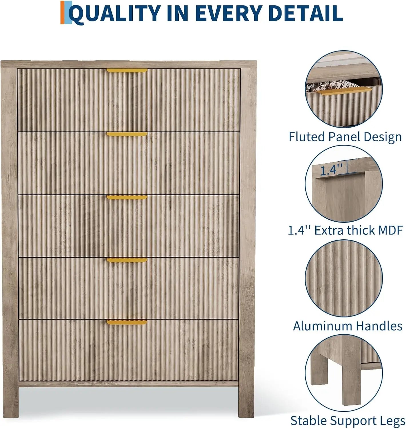 HobbyLane 5 Drawer Oak Dresser With Gold Handles Living Room