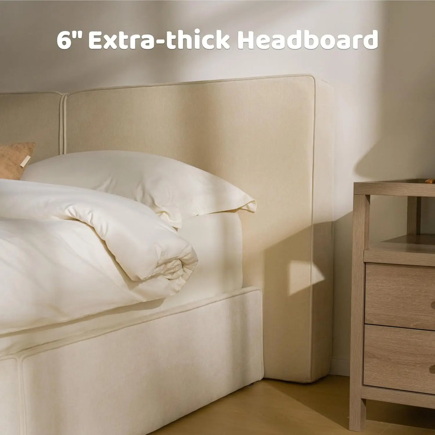 Platform Bed Frame with Plush Upholstered Headboard, Noise-Free Stability, Easy Assembly, Wood Slats