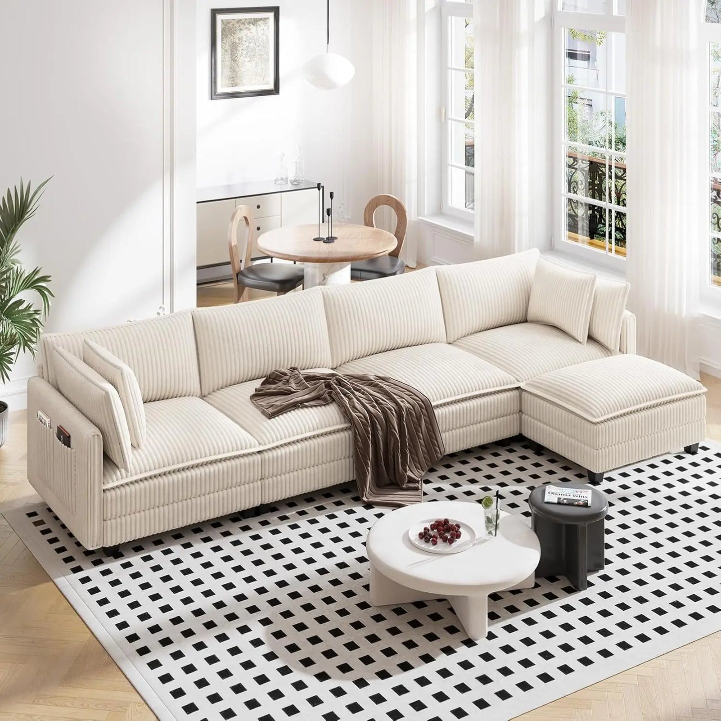 L Shape Modular Sectional Sofa Corduroy Cloud Living Room 3 Seat Ottoman Pillows Dark Grey, Custom