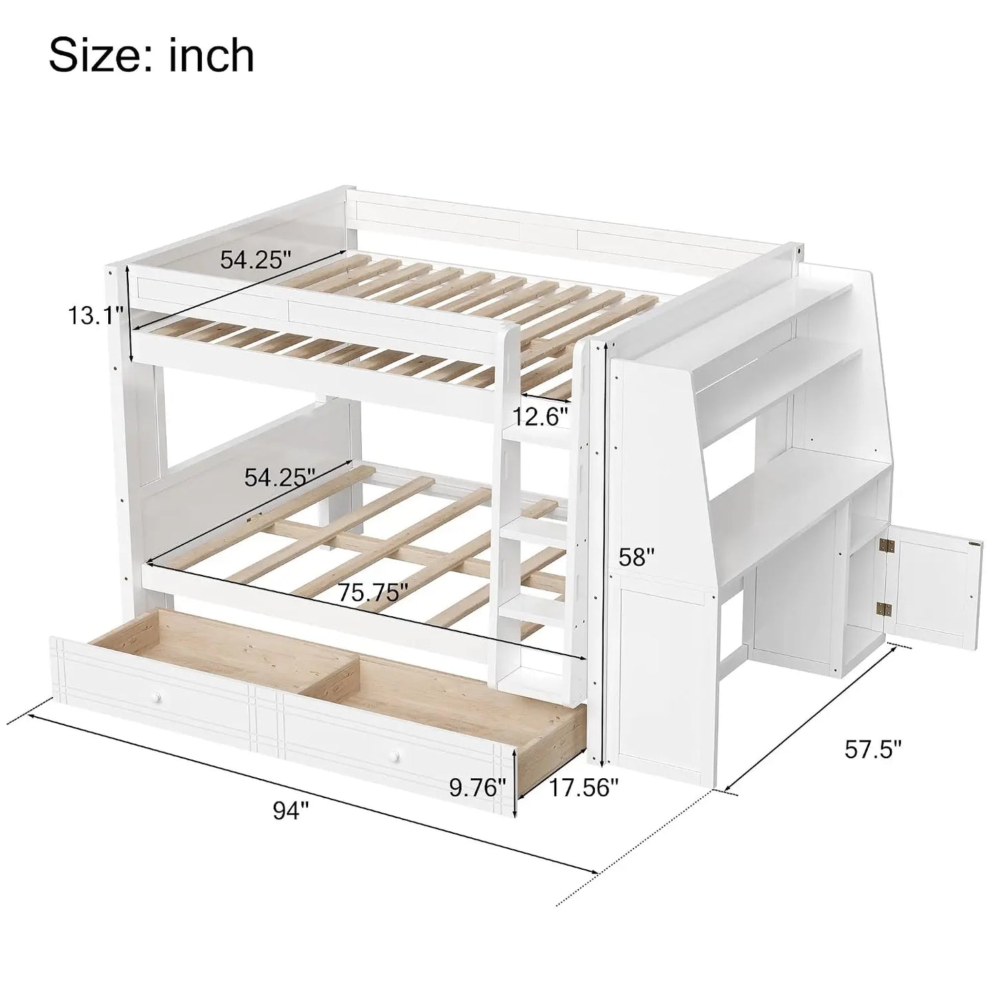 Full Over Full Multifunctional Bunk Bed with Desk and Bookshelves, Drawers, Space-Saving Wooden Bunk Bed for Kids &, Customized