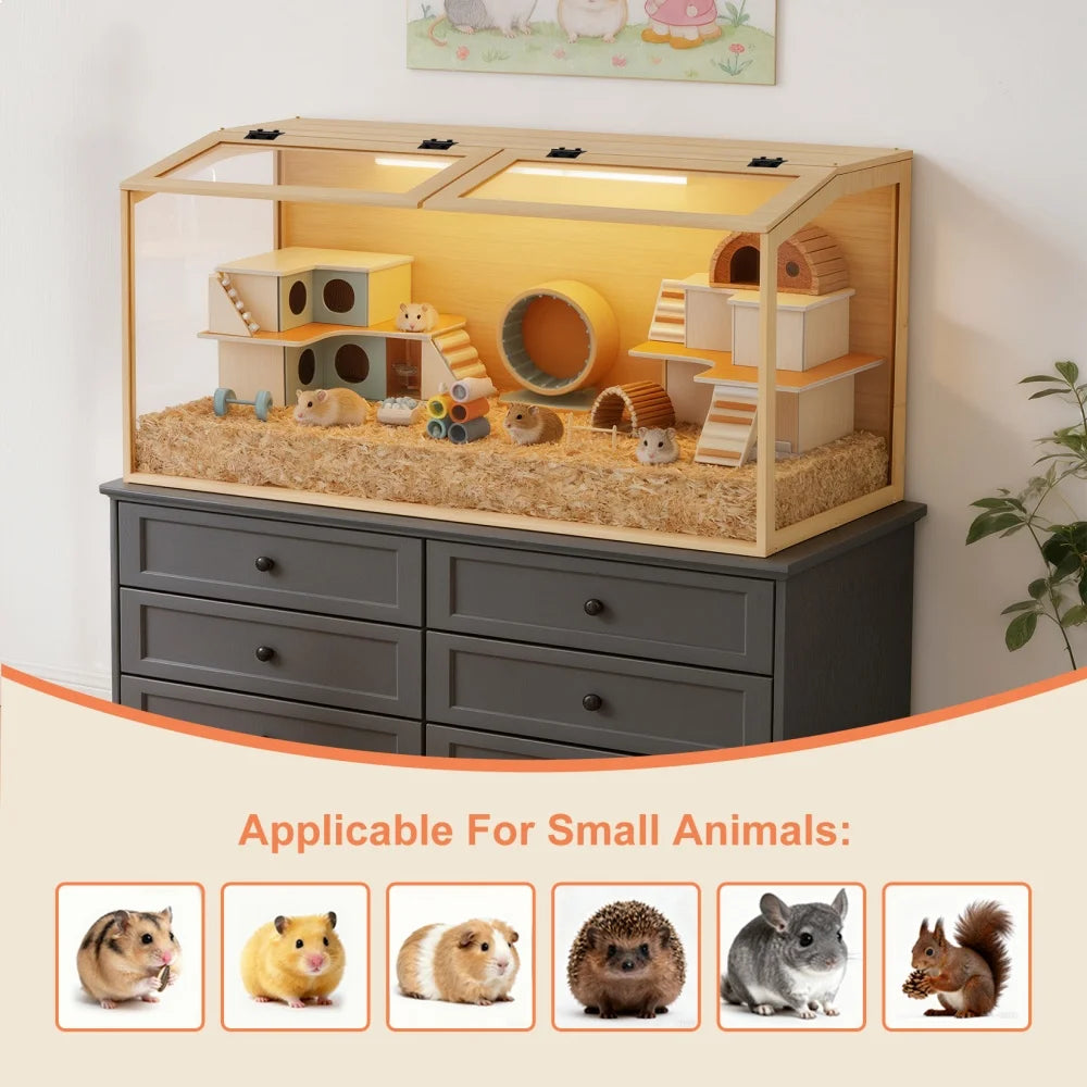 Wooden Hamster Cage With Tempered Glass And Open Roof LED