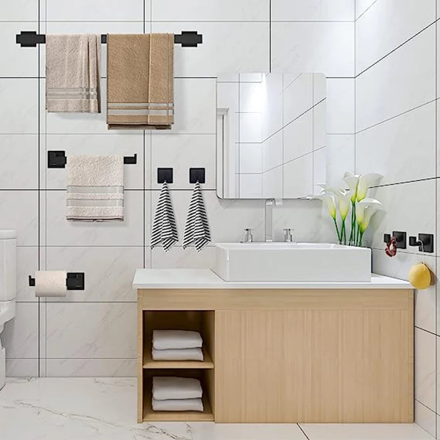 7-Piece Stainless Steel Bathroom Hardware Set With Towel Rail Hooks