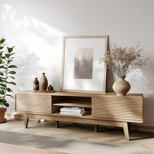 DAFIFY Mid Century Modern TV Console With Fluted Sliding Doors