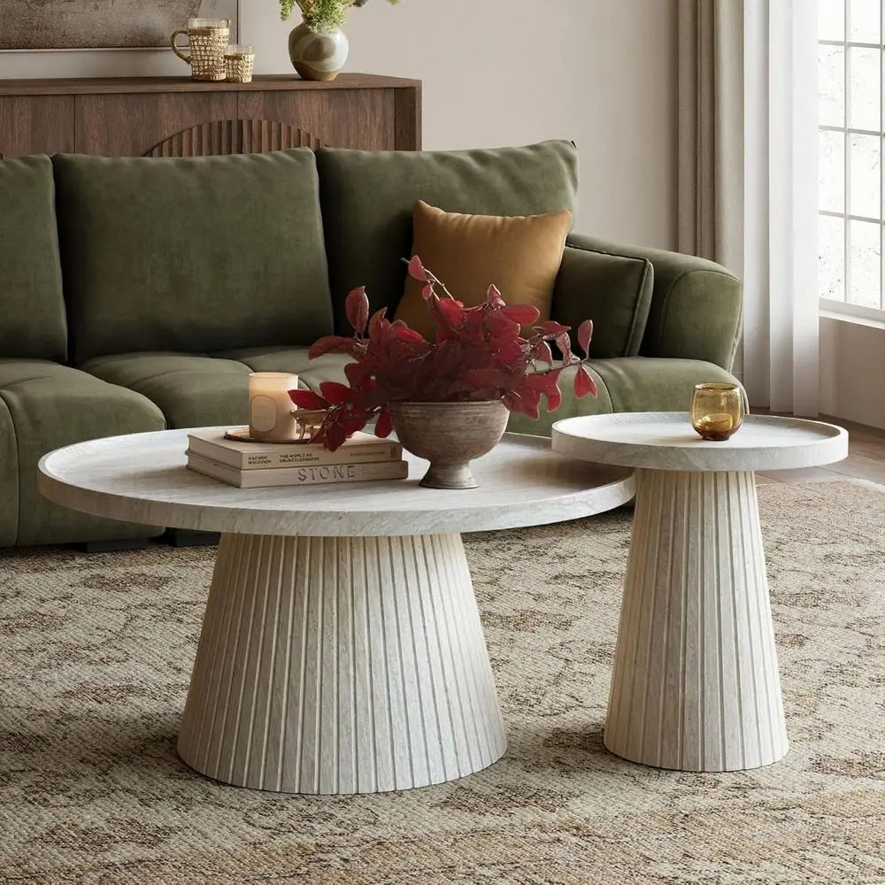 Nesting Coee Table Set o 2, ern luted Coee Table with aux Stone Veneer, Travertine Round Tea Table