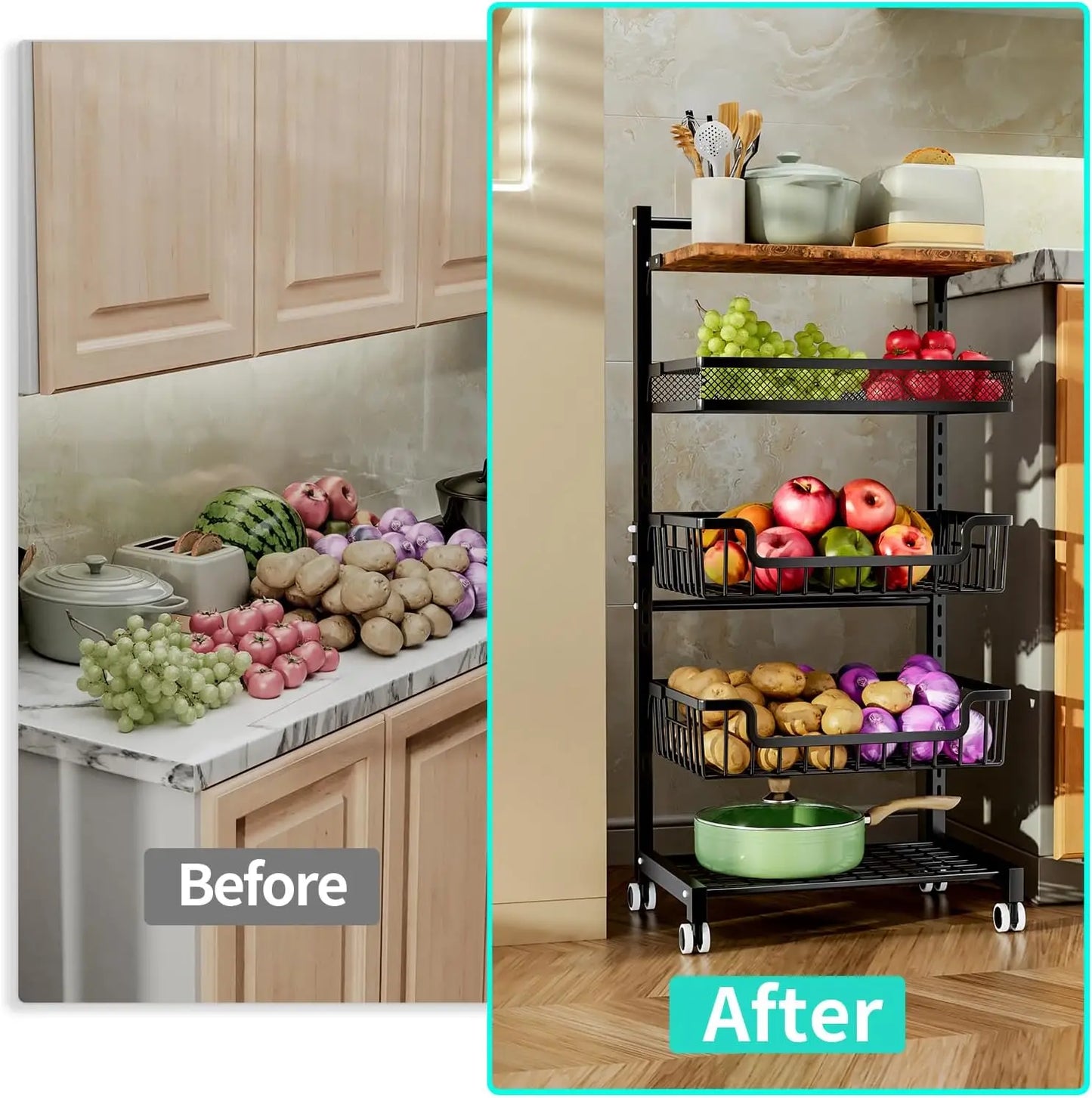 Fruit Basket Kitchen Cart 5 Tier Adjustable Vegetable Storage Rack