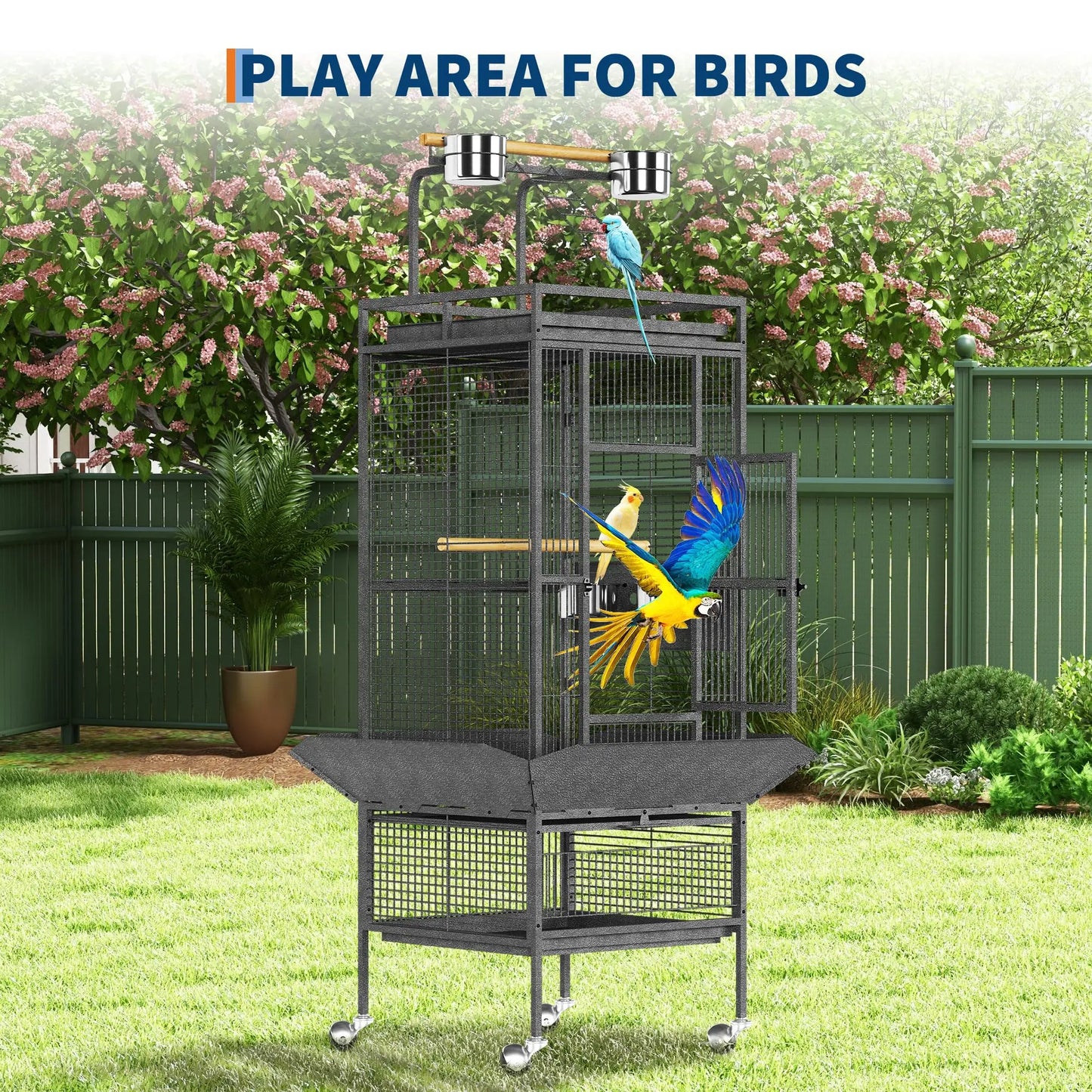 HiMISS Large Bird Cage With Rolling Stand, Sliding Tray, Bowls