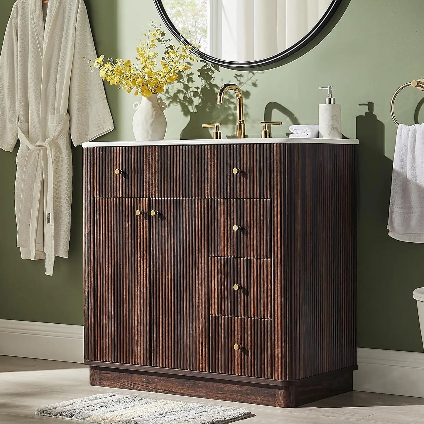 36in Modern Fluted Bathroom Vanity with Sink Storage Cabinet Adjustable Shelf & 3 Drawers Solid White, Custom