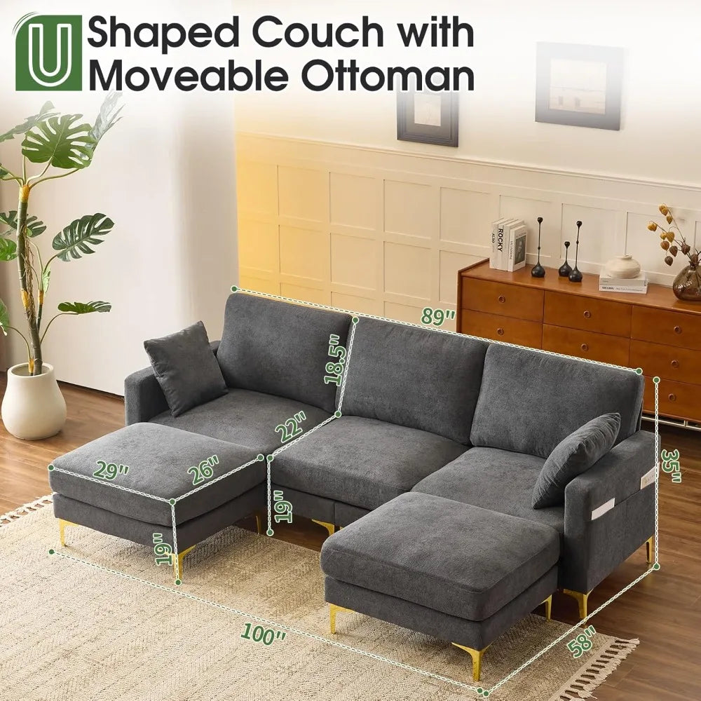100" W U Shaped Couch with Ottoman, 22" Deep Seat Comfortable Sectional Couches for Living Room,  Chenille Fabric，Customized