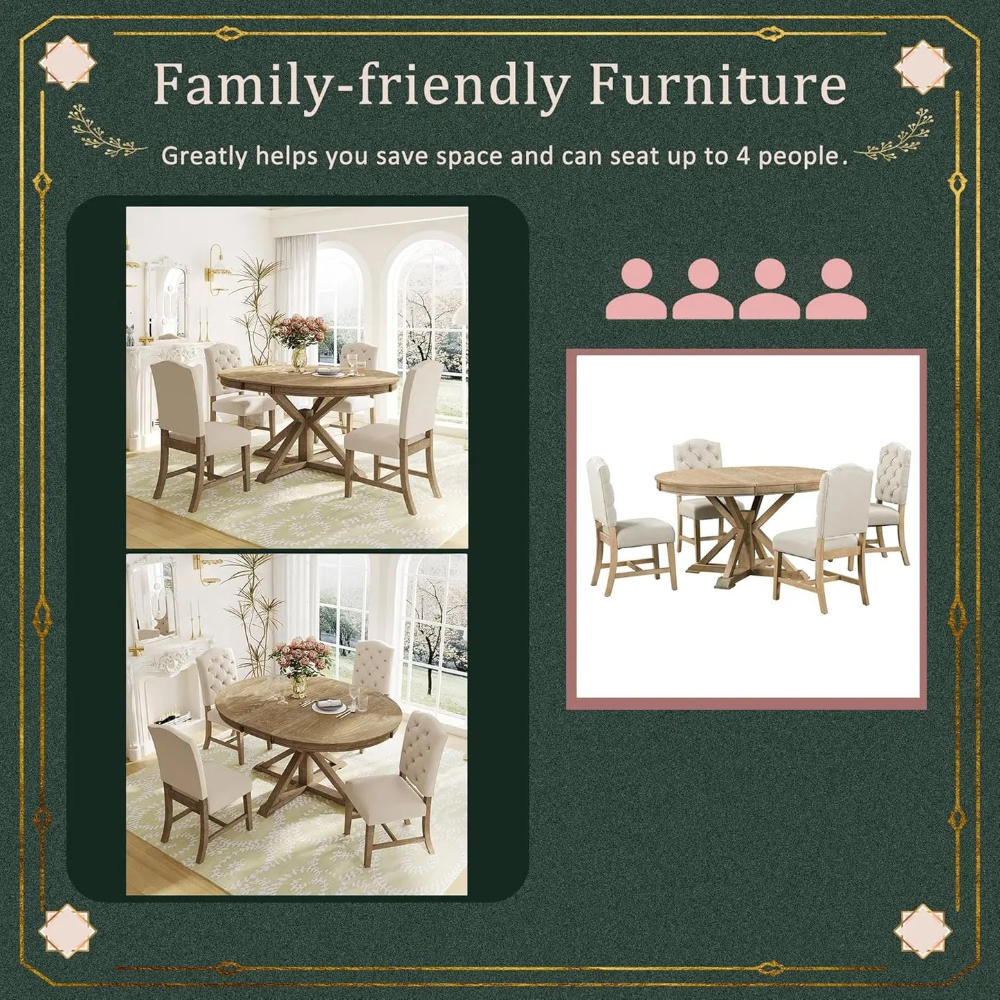 Solid Wood Dining Set With Extendable Table And Upholstered Chairs