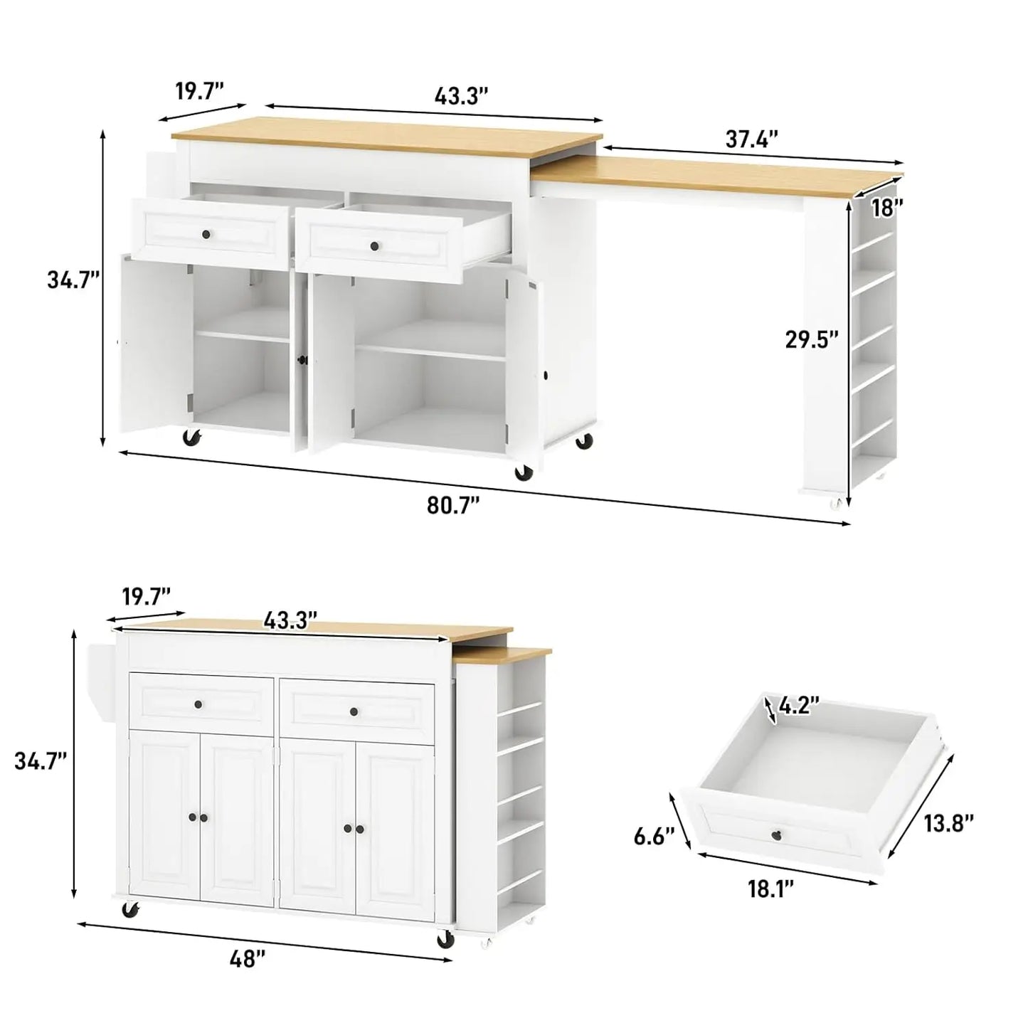Extendable Kitchen Island With Power Outlet And Storage