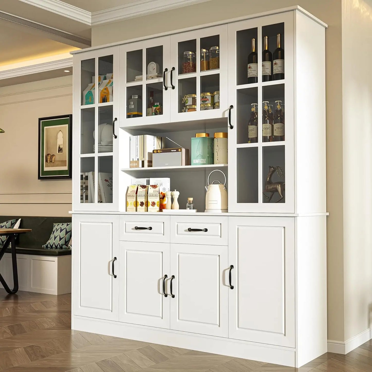 Kitchen Storage Cabinet With Glass Doors And 2 Drawers