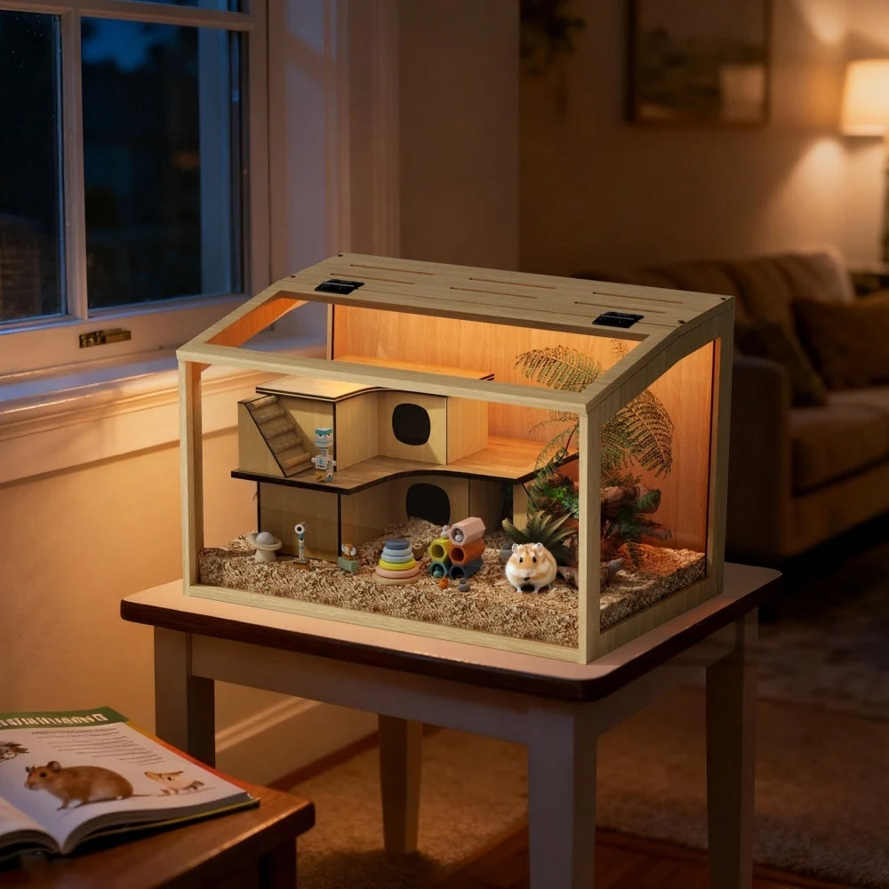 Wooden Hamster Cage With Tempered Glass And Open Roof LED