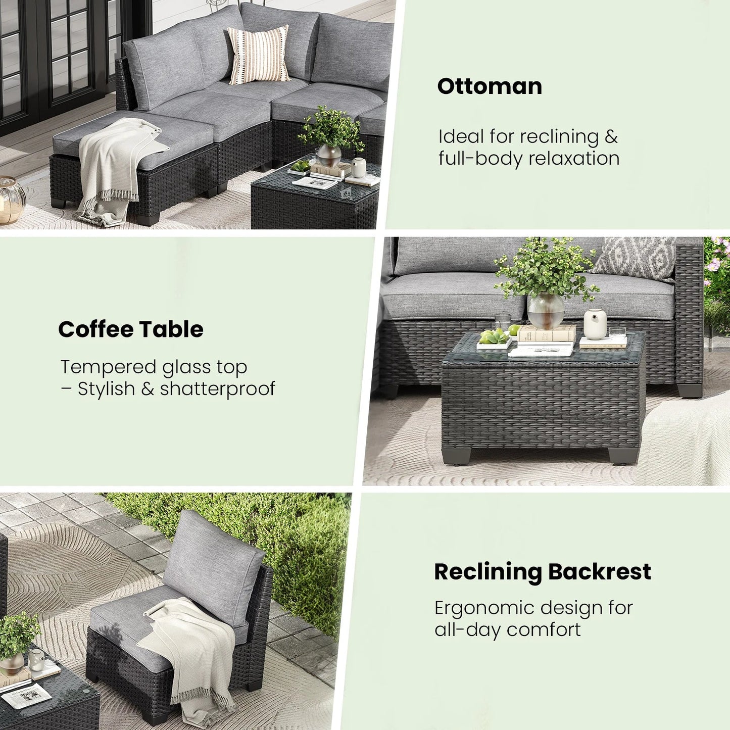 Farini Patio Sectional Sofa Set, Outdoor Furniture with Ottoman, Water/Oil/Stain-Resistant Fabric, Dark Gray Cushion + Gray Wick The Pet & Home Store