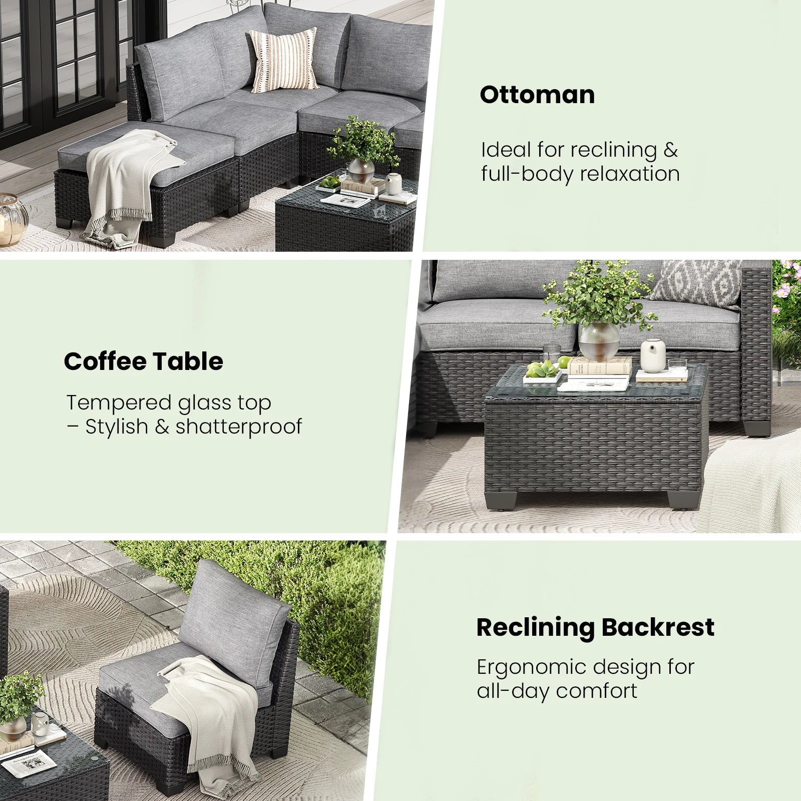 Farini Patio Sectional Sofa Set, Outdoor Furniture with Ottoman, Water/Oil/Stain-Resistant Fabric, Dark Gray Cushion + Gray Wick The Pet & Home Store