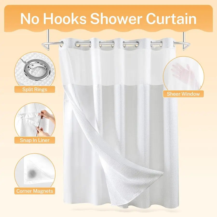 White Fabric Shower Curtain Set With Cotton Blend Waffle Weave