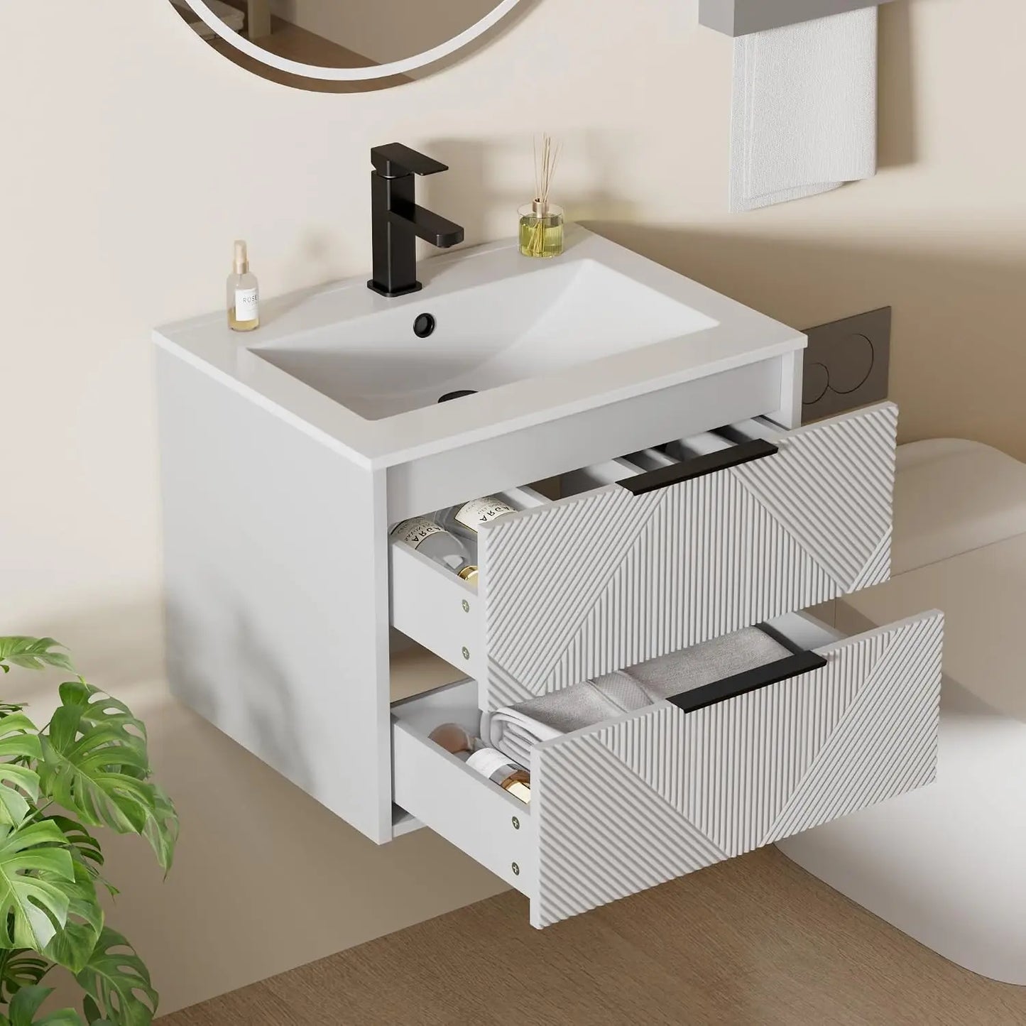24" Floating Bathroom Vanity with Sink Combo, Modern Wall Mounted Floating Cabinet with 2 Large Soft-Close Drawers, Customized