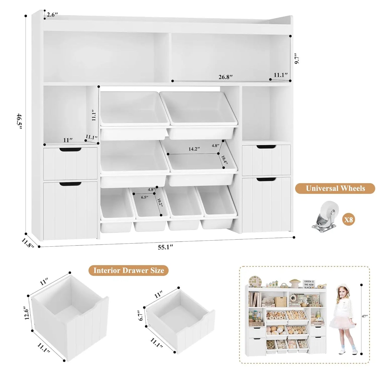 Wood Toy Storage Organizer With Drawers And Removable Bins